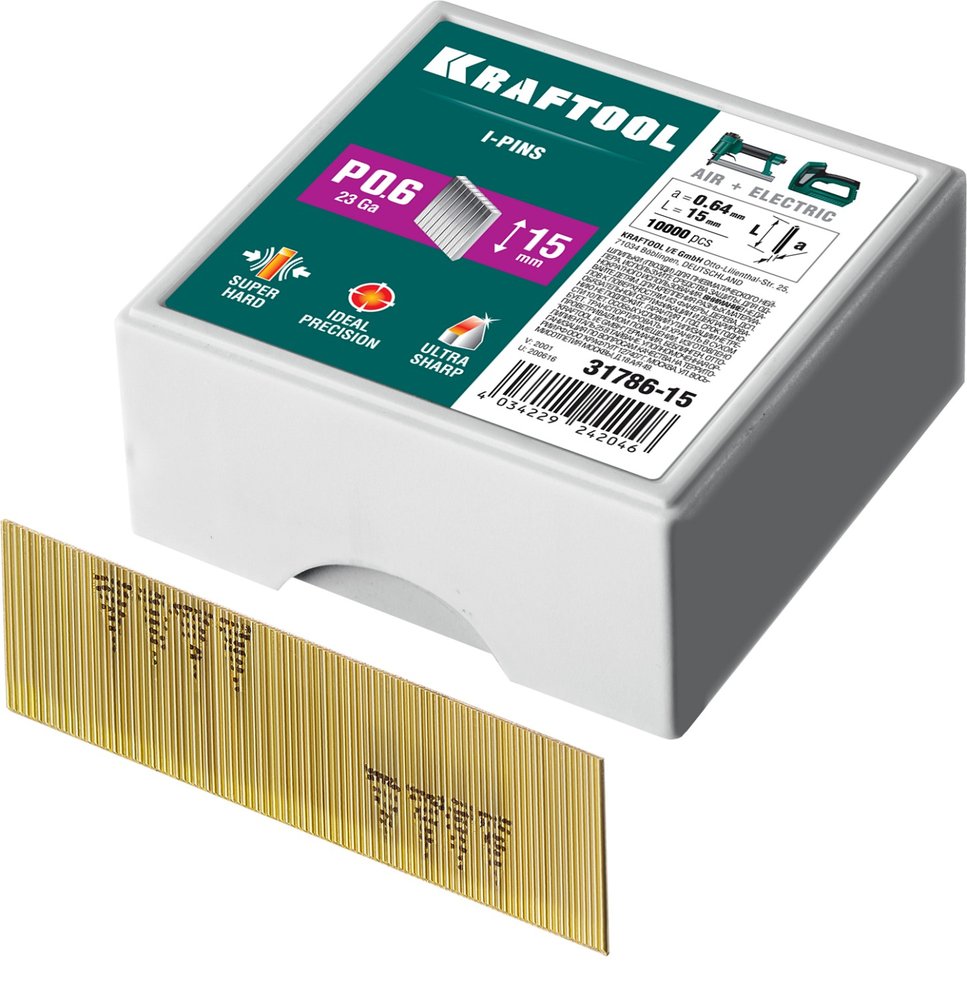 Шпильки для нейлера KRAFTOOL тип 23GA (P0.6) 15 мм, 10 000 шт, 31786-15
