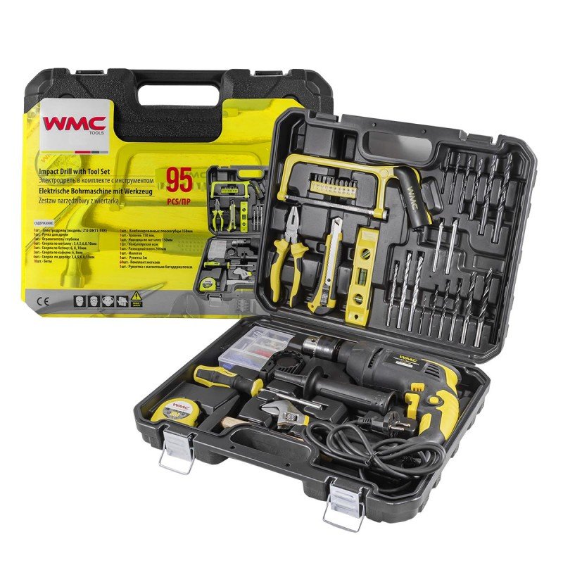 Набор инструментов WMC TOOLS 95 предметов, дрель ударная , набор бит, сверло плоск, уровень ,ножовка ,кл разводной ,рулетка ,ножовка ,уровень ,нож, комплект метиз WMC-1095(50786)