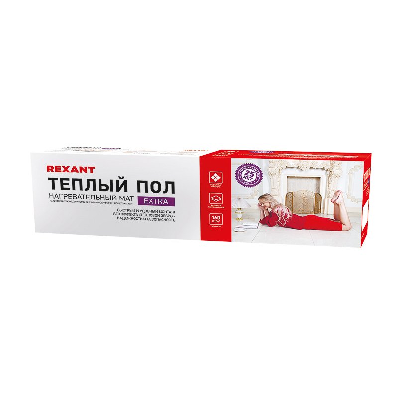 Нагревательный мат REXANT Extra, площадь 1,0 м2 (0,5x2,0 м), 160Вт, двухжильный 51-0502