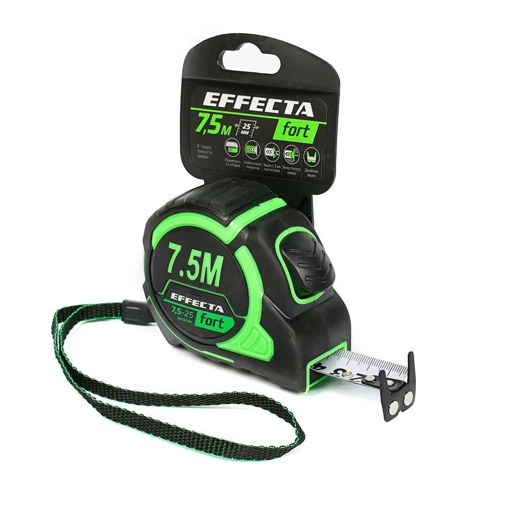 Рулетка EFFECTA Fort 7.5 м, 25 мм, магнит, автостоп, нейлоновая лента с 2-сторонней шкалой 581725