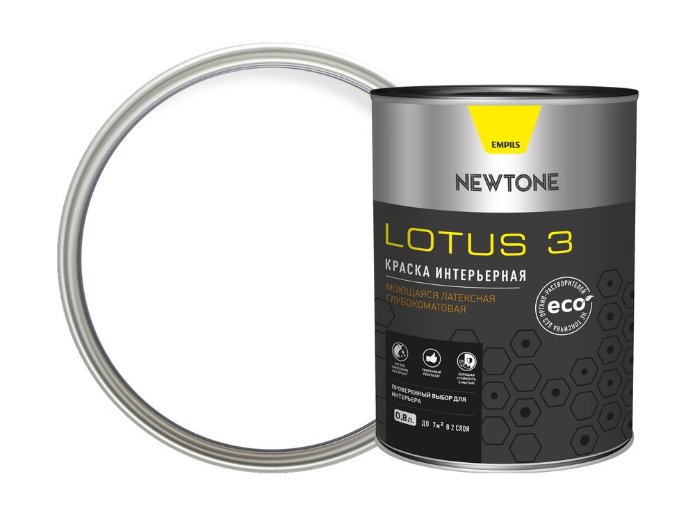 Интерьерная краска Newtone LOTUS 3, ВД, моющаяся, латексная, глубокоматовая, База А NEW, 0.8 л, 1.2 кг 81586