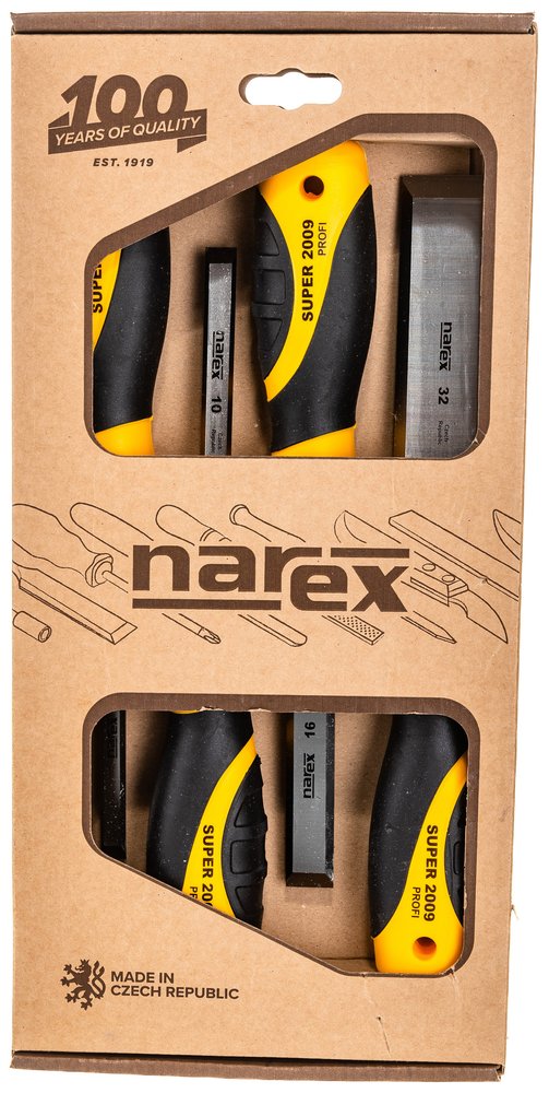 Набор из 4 плоских стамесок с ручкой NAREX SUPER 2009 LINE PROFI 8, 10, 16, 32 мм 860601
