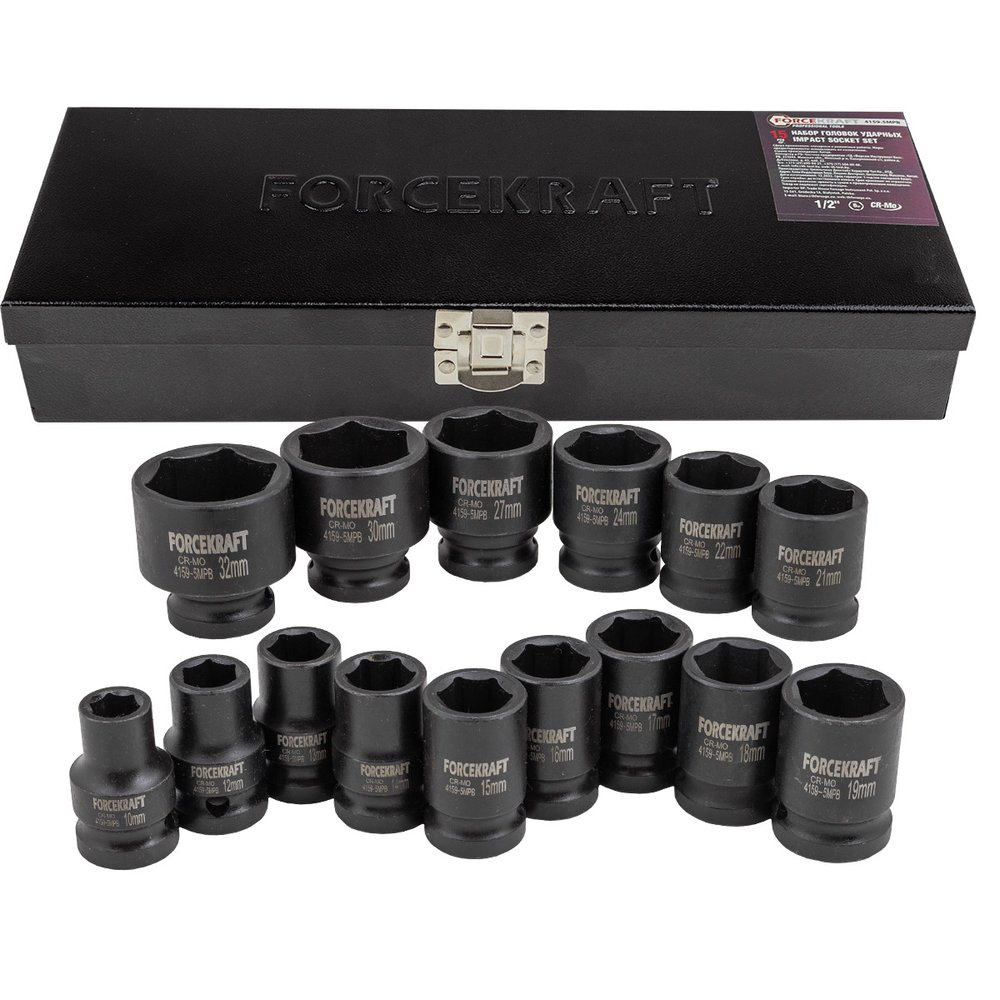 Головки ударные 6-гранные 15 предметов, 1/2' DR Forcekraft FK-4159-5MPB(54554)
