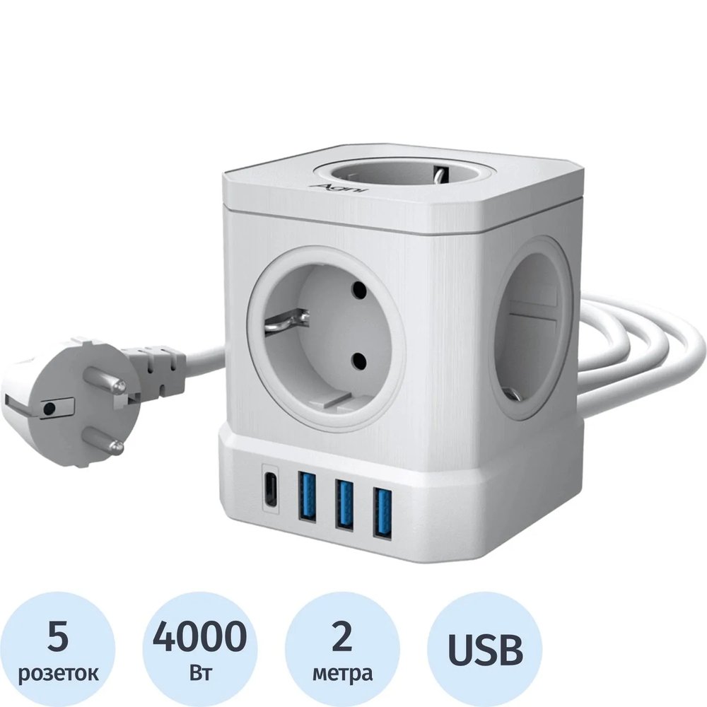 Сетевой фильтр AGNI  5р/2м,3USB 1TYPE-C,белый(TP-VE4U5E-C-2m-white)