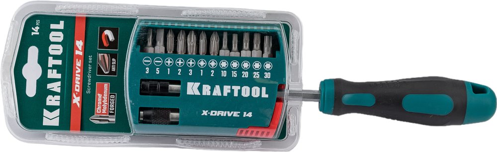 Набор: отвертка-битодержатель с насадками KRAFTOOL X-Drive-14 14 шт. 25814