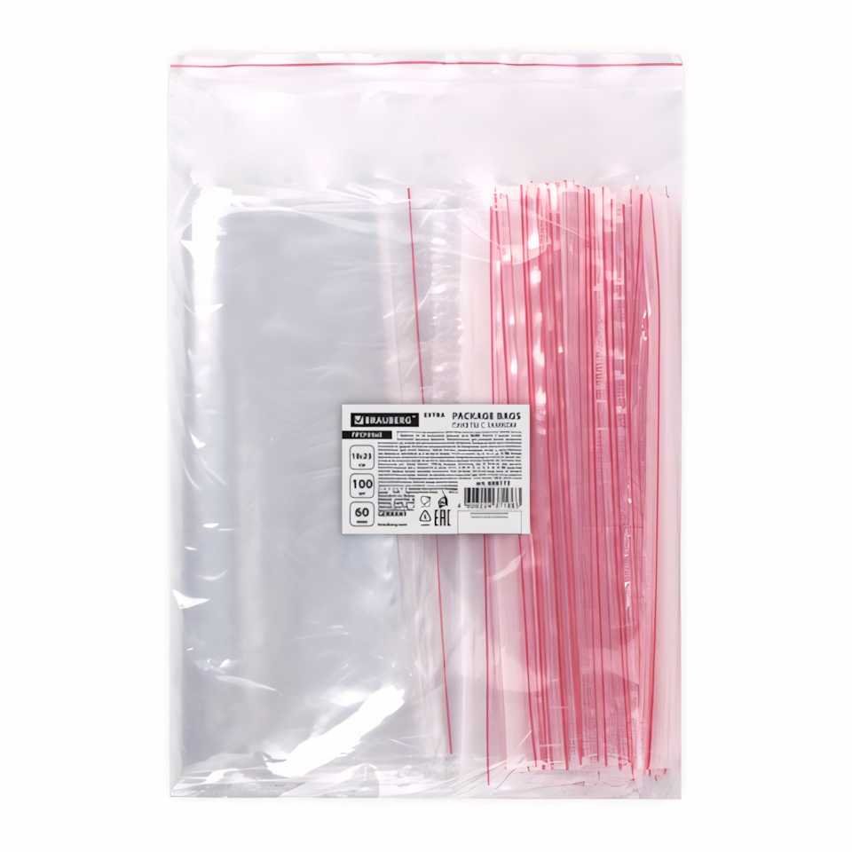 Пакеты BRAUBERG EXTRA ZIP LOCK зиплок, прочный, комплект 100 шт, 18x25 cм, ПВД, 60 мкм 608173