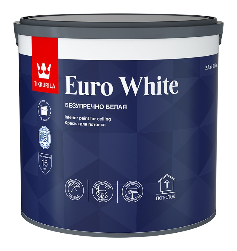 Краска для потолка Tikkurila EURO WHITE глубокоматовая, белая 9л 700009612
