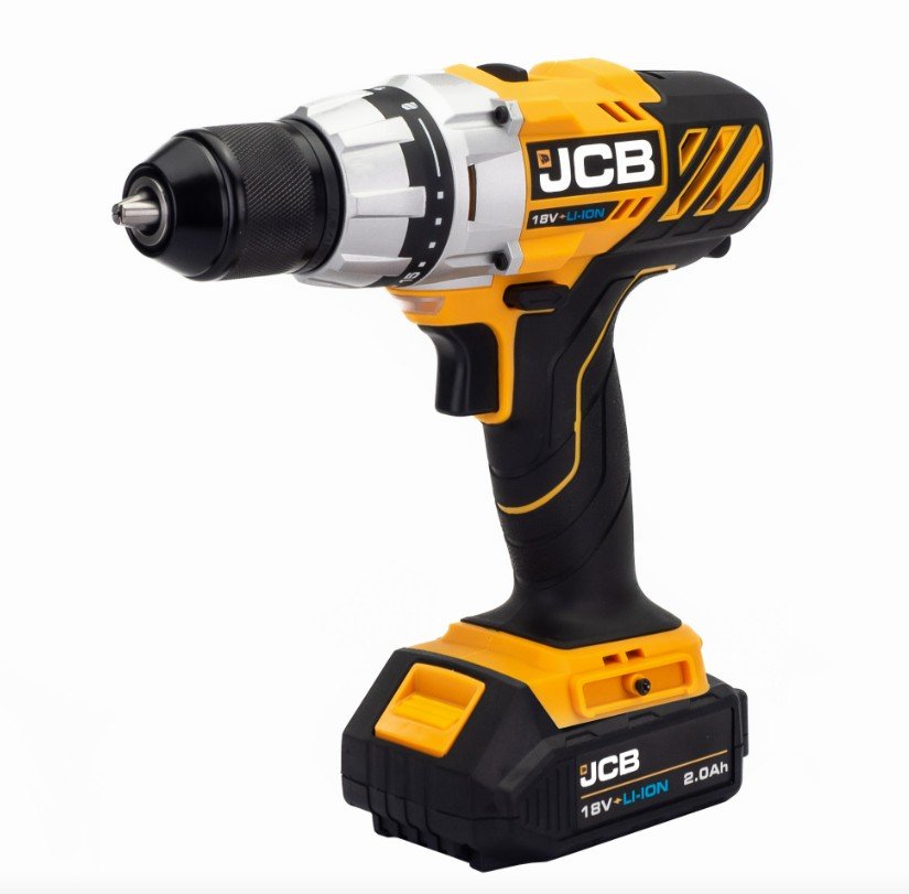 Дрель-шуруповерт JCB аккумуляторная (-18DD-B-E) 18V, max 45Nm в комплекте с зарядным устройством (-18VFC-E) 2.4A и батареей аккум(-20LI-E) 2.0AH JCB-18DD-2X-E(57237)