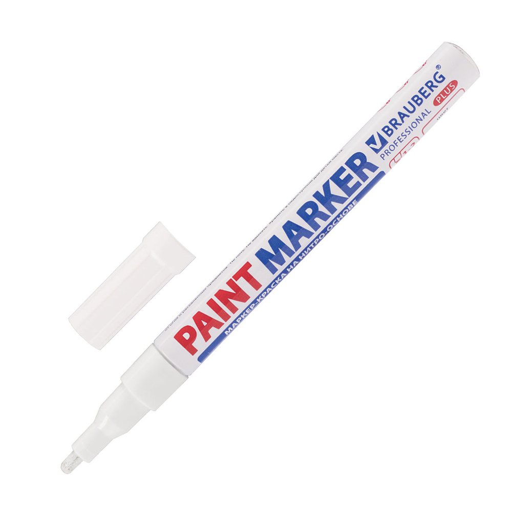 Лаковый маркер-краска BRAUBERG paint marker 2 мм, белый, нитро-основа, алюминиевый корпус 151438