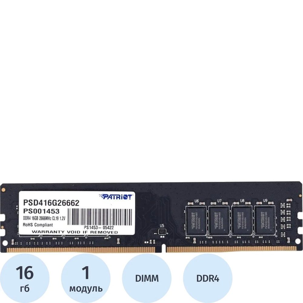 Модуль памяти Patriot DDR4 DIMM 16Gb 2666МГц CL19 (PSD416G26662)