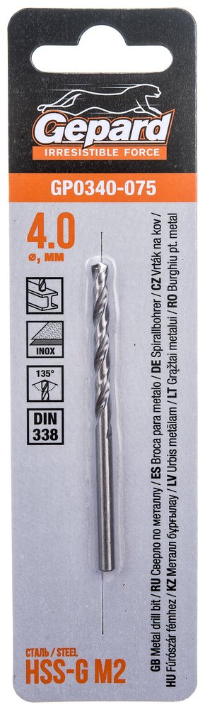 Сверло по металлу спиральное 4.0х43х75 мм, HSS-G GP0340-075