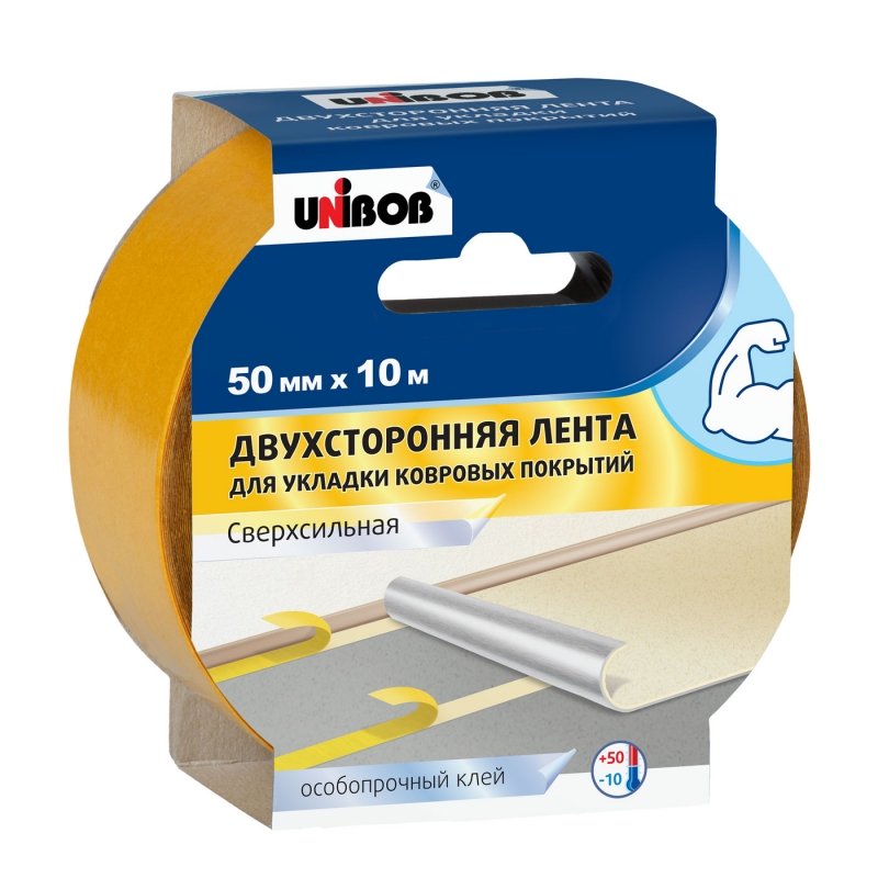 Двусторонняя клейкая лента UNIBOB Профи тканевая, для подогреваемых полов, 50 мм х 10 м 211744