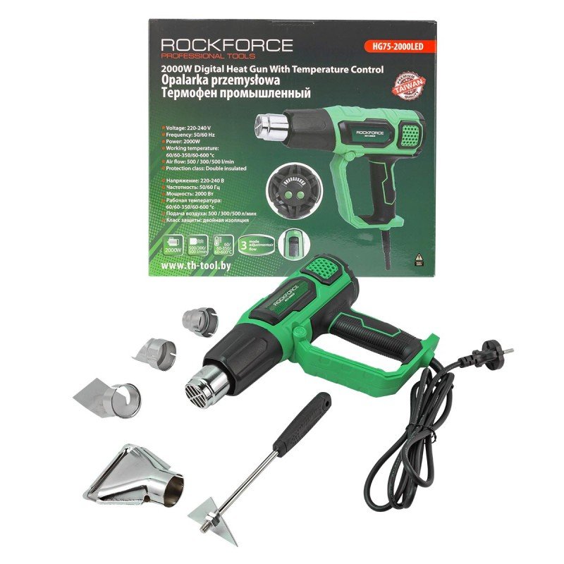 Промышленный фен с индикацией температуры и насадками ROCKFORCE RF-HG75-2000LED(52353)