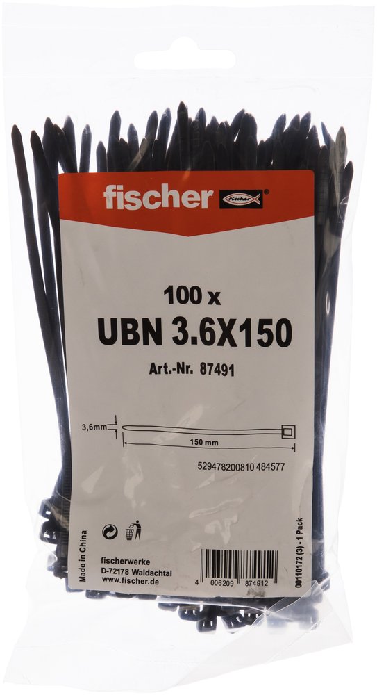 Кабельная стяжка Fischer UBN 3.6X150 устойчивая к УФ 100 шт. 87491