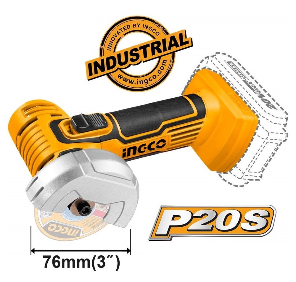 Аккумуляторная угловая шлифовальная машина INGCO INDUSTRIAL 76 мм, Li-Ion, 20 В CAGLI7601