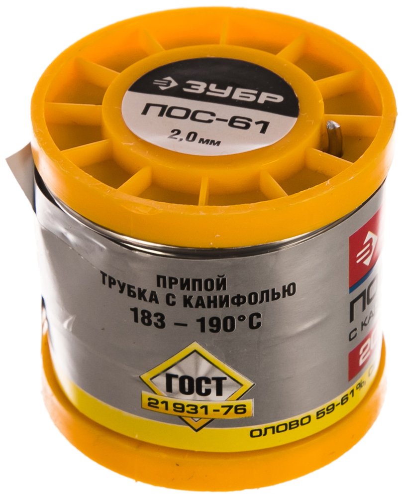 Припой ПОС 61 (2 мм, 200 г, трубка с канифолью) Зубр 55450-200-20C