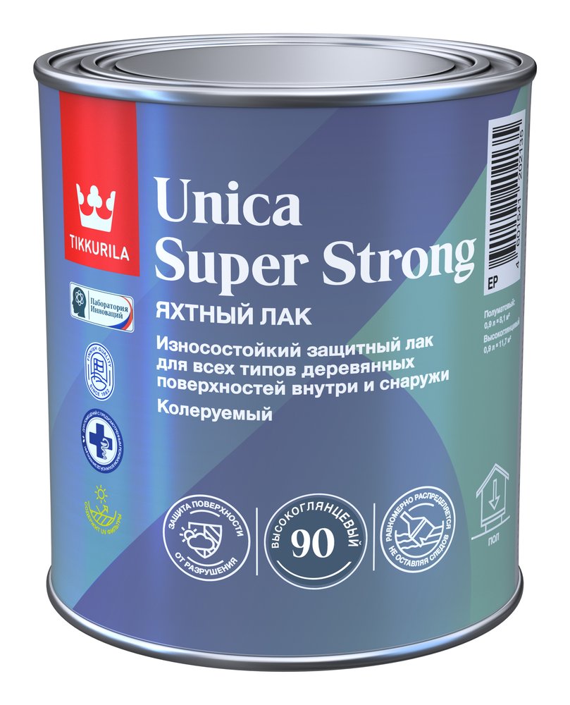 Универсальный лак Tikkurila UNICA SUPER STRONG EP высокоглянцевый, 0.9л 700014008