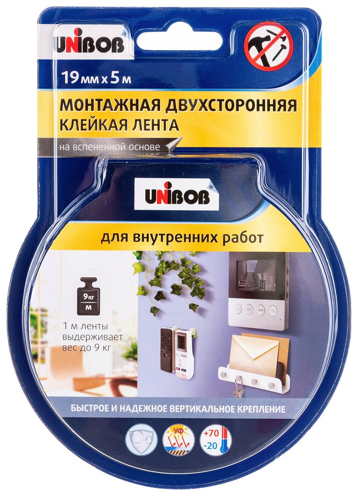 Двусторонняя клейкая лента для внутренних работ UNIBOB 19 мм х 5 м 134853