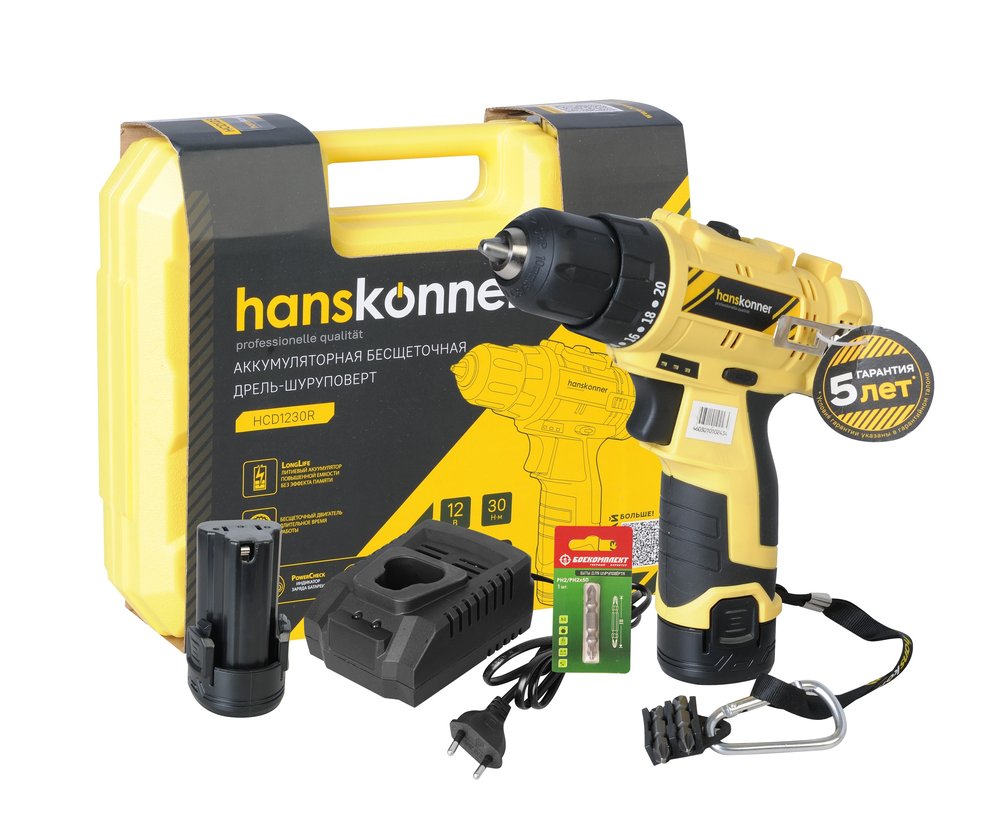 Аккумуляторная дрель Hanskonner б/щ, 12В, 2 акк. 2,0 Ач, 30Нм, кейс HCD1230R