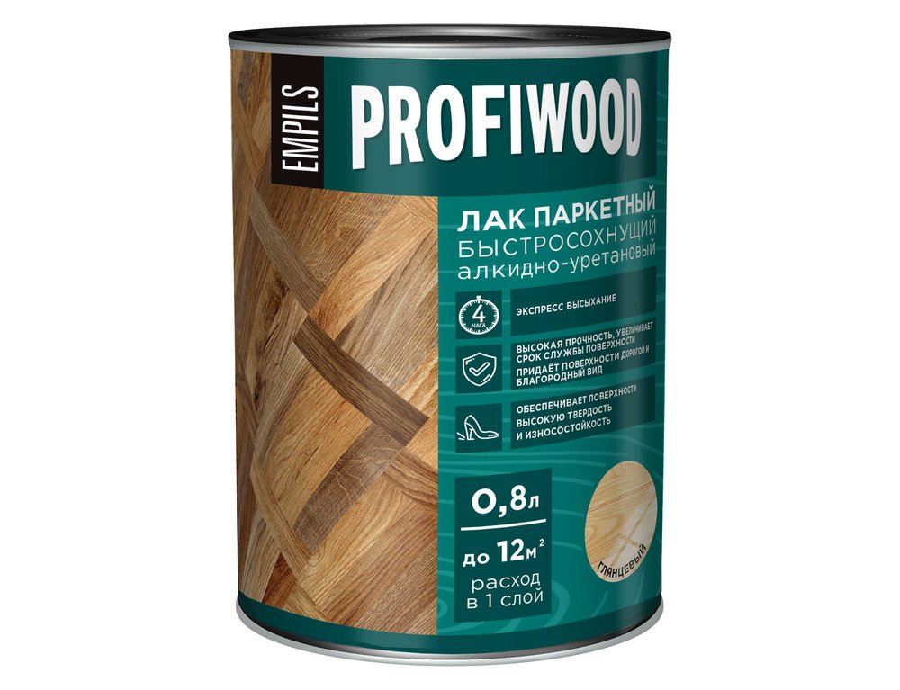 Алкидно-уретановый паркетный лак PROFIWOOD (быстросохнущий, глянцевый, 0.8 л, 0.7 кг) 6309