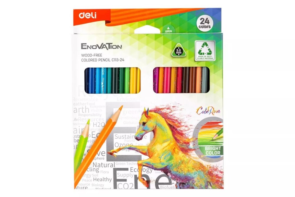 Цветные карандаши DELI Enovation EC113-24 трехгранные пластик 24 цвета коробка/европодвес 24 шт, 12 упак 1504248