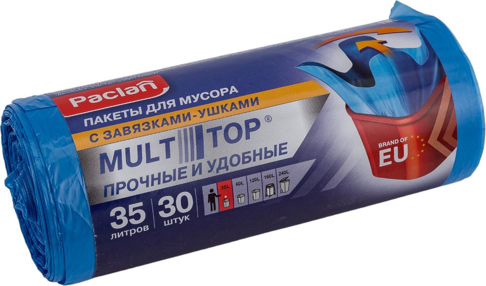 Мешки для мусора с ушками Multitop (30 шт, 50x64 см, 35 л, ПНД, 10.5 мкм, синие) Paclan 600819