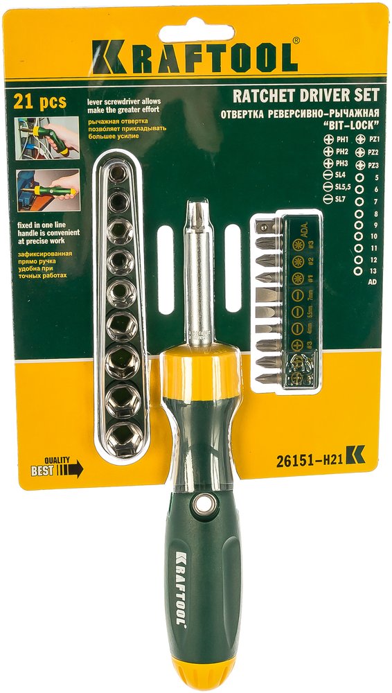 Реверсная рычажная отвертка KRAFTOOL BIT-LOCK 26151-H21