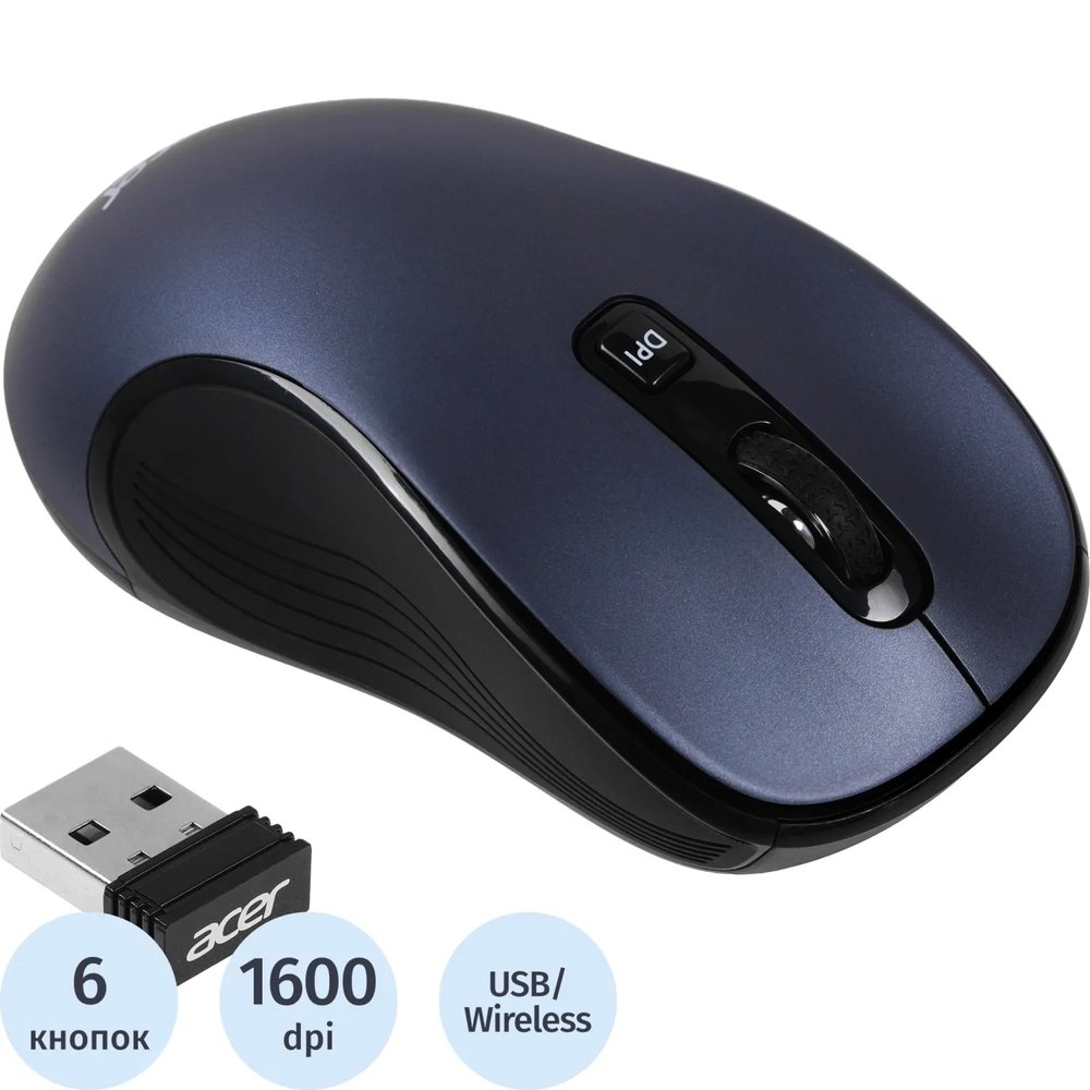 Мышь компьютерная Acer OMR306 черный/серый оптичес. 1600dpi/6but WLS USB