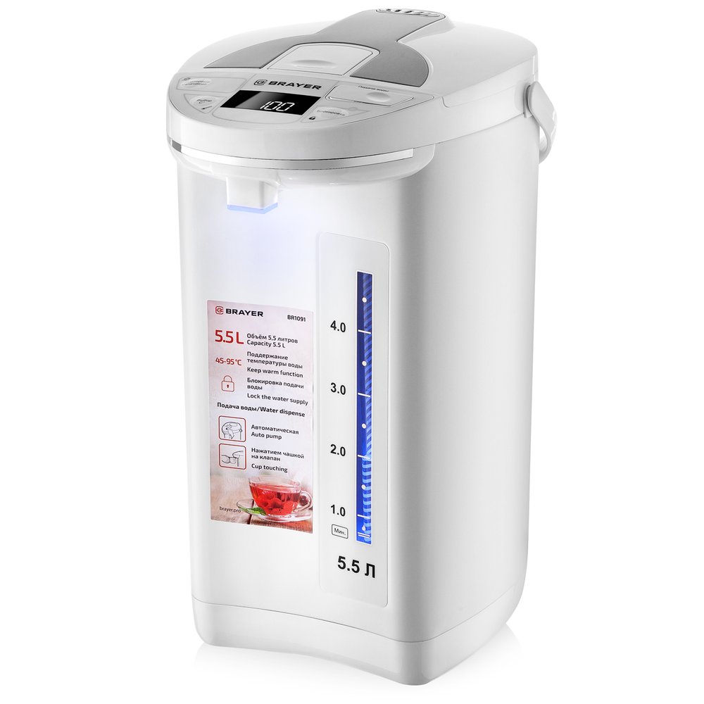 Термопот BRAYER 1450 Вт, 5.5 л, 2 способа подачи воды, LCD-дисплей BR1091WH