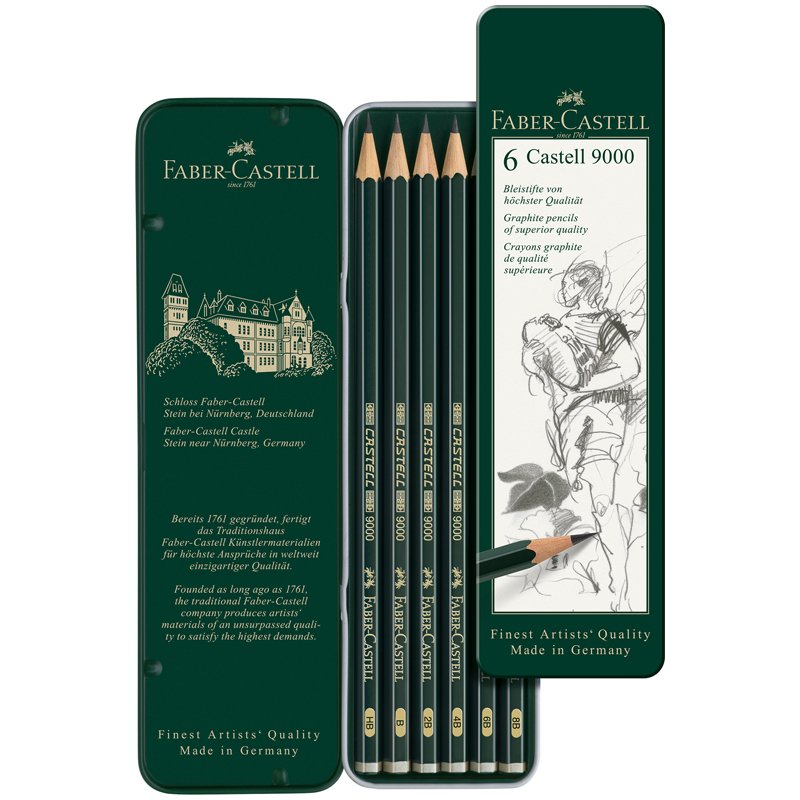 Набор чернографитных карандашей Faber-Castell Castell 9000 6 шт, HB-8B, заточенный, металлическая коробка 119063