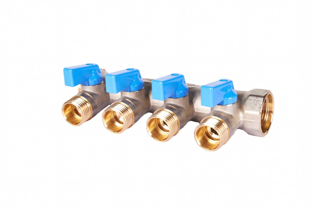 Коллектор с шаровыми кранами STOUT Smb 6211 341204 3/4', 4 отвода 1/2', синие ручки RG0091AACQNHBU