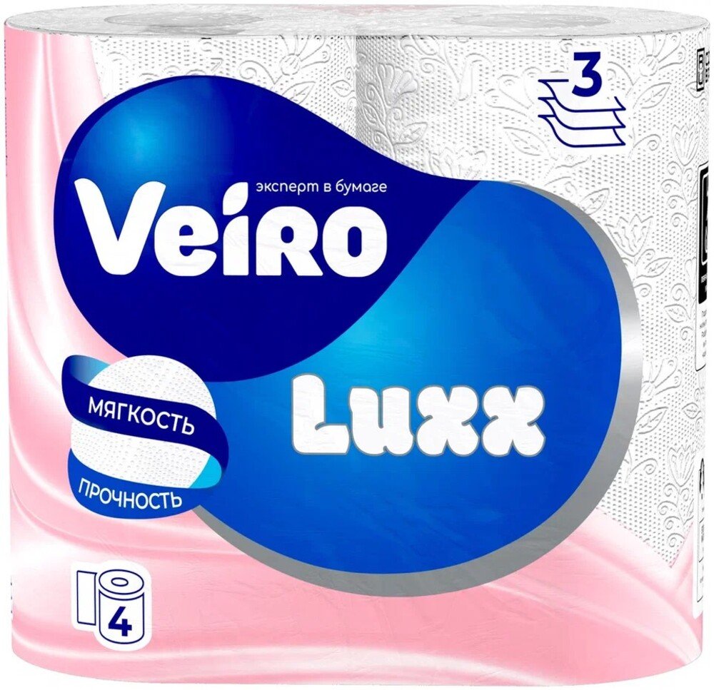 Бумага туалетная бытовая VEIRO Luxoria спайка 4 шт, 3-х слойная, белая 5С34 123210