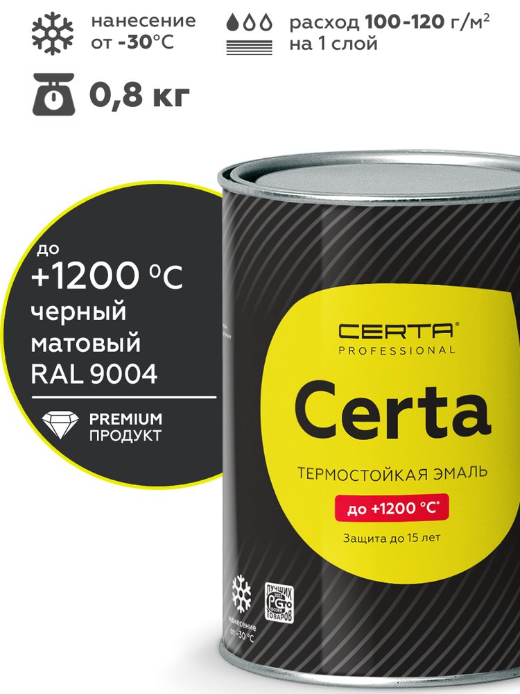 Термостойкая краска для металла, печей, мангалов, радиаторов, дымоходов, суппортов Certa до 1200 градусов, черный RAL 9004 0.8 кг CPR00036
