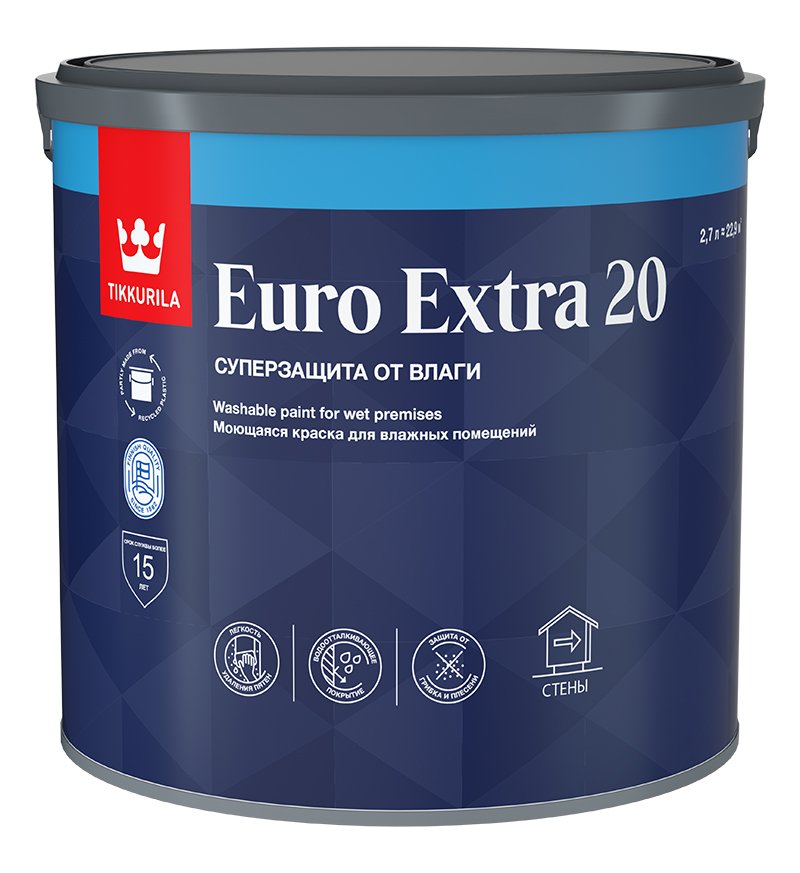 Краска Tikkurila EURO EXTRA 20 моющаяся, для влажных помещений, база A 2,7л 700001106