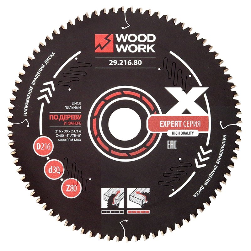 Диск пильный Эксперт 216x2.4/1.6x30 мм, Z=80 мм, A=-5° WOODWORK 29.216.80