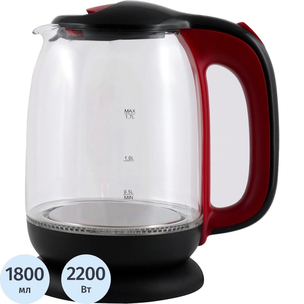 Чайник Centek CT-0034, 1.8л, 2200Вт, LED подсветка, кнопка,черный,стекло