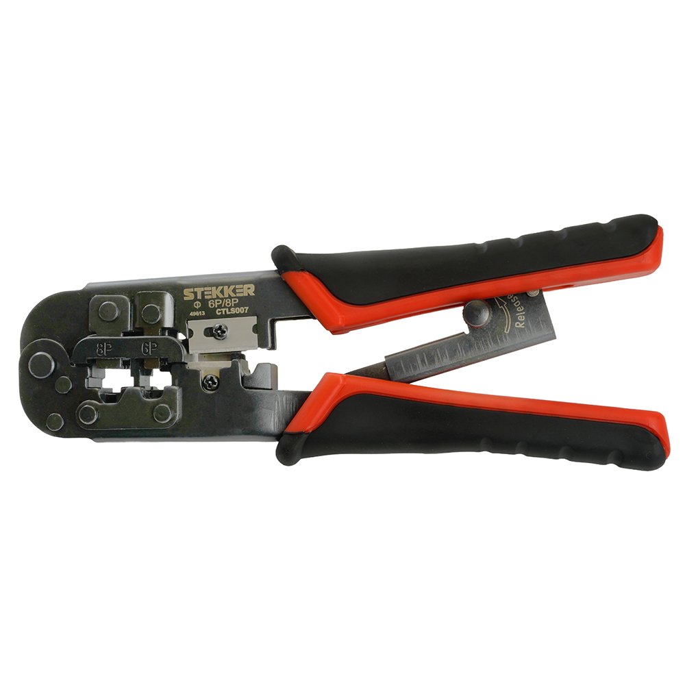 Кримпер STEKKER CTLS007 для обжима RJ разъемов RJ-45 (8P8C), RJ-12 (6P6C) и RJ-11 (6P4C и 6P2C), черный/красный, 49613
