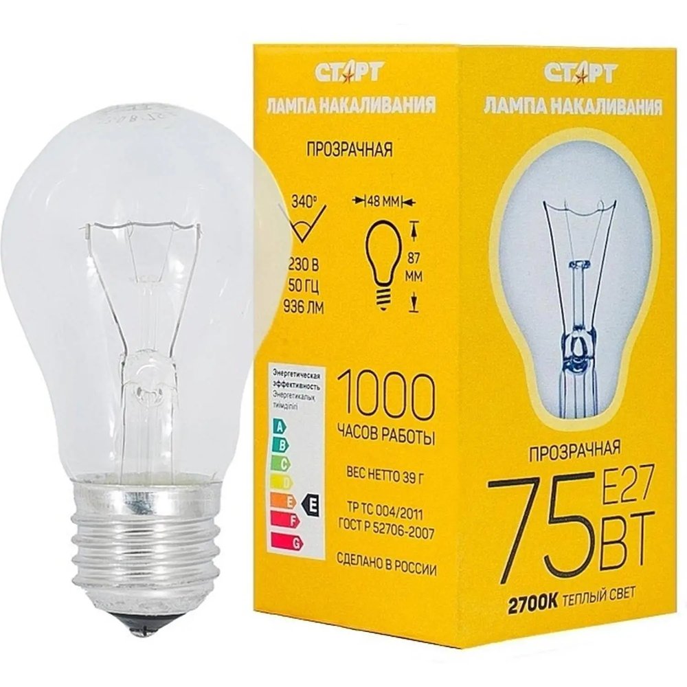 Лампа накаливания СТАРТ стандартная/прозрачная 75W E27