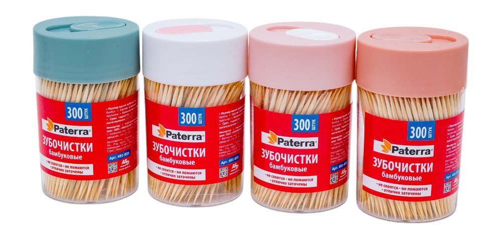 Зубочистки бамбуковые в спайке из 4 банок по 300 шт., PATERRA 491-031