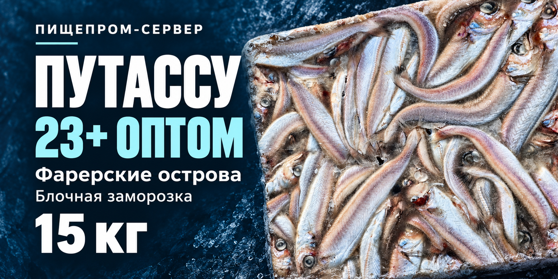 Баннер, предлагающий ознакомиться с ассортиментом рыбы путассу