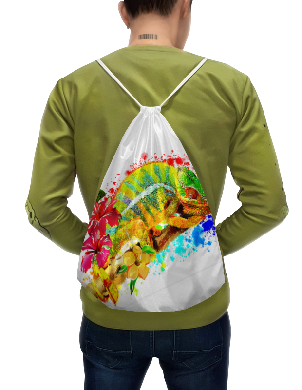 Printio Рюкзак-мешок с полной запечаткой Хамелеон с цветами в пятнах краски. printio борцовка с полной запечаткой хамелеон с цветами в пятнах краски
