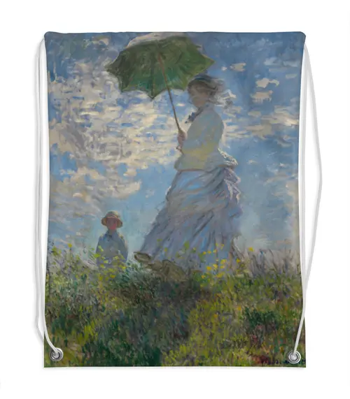 Заказать рюкзак в Москве. Рюкзак-мешок с полной запечаткой Дама с зонтиком — Мадам Моне со своим сыном от trend - готовые дизайны и нанесение принтов.