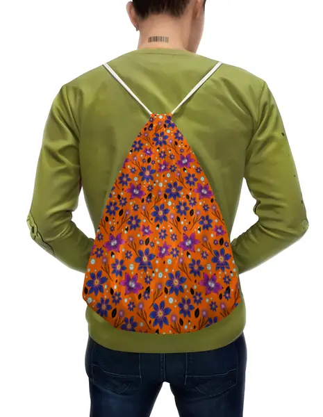 Заказать рюкзак в Москве. Рюкзак-мешок с полной запечаткой цветочный паттерн на оранжевом фоне от ELENA ZHARINOVA - готовые дизайны и нанесение принтов.