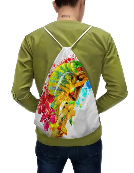 Заказать рюкзак в Москве. Рюкзак-мешок с полной запечаткой Хамелеон с цветами в пятнах краски. от Zorgo-Art  - готовые дизайны и нанесение принтов.