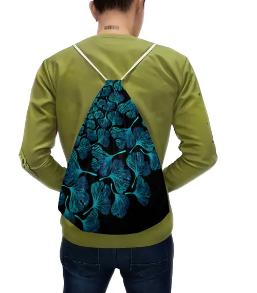 Заказать рюкзак в Москве. Рюкзак-мешок с полной запечаткой Орнамент из голубых листьев гинкго от tsumehoshizora@gmail.com - готовые дизайны и нанесение принтов.