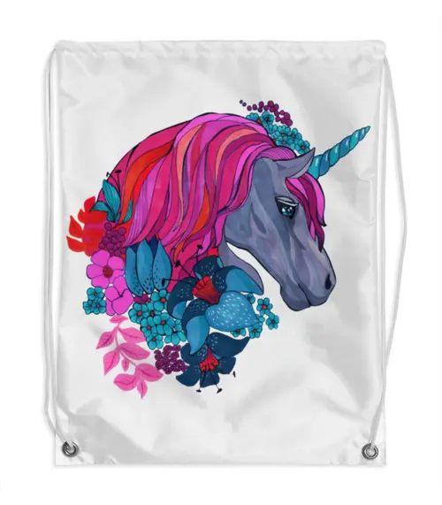 Заказать рюкзак в Москве. Рюкзак-мешок с полной запечаткой Единорог с розовыми волосами в цветах от eszadesign - готовые дизайны и нанесение принтов.