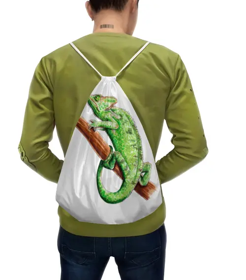 Заказать рюкзак в Москве. Рюкзак-мешок с полной запечаткой Зеленый хамелеон на ветке от tigerda  - готовые дизайны и нанесение принтов.