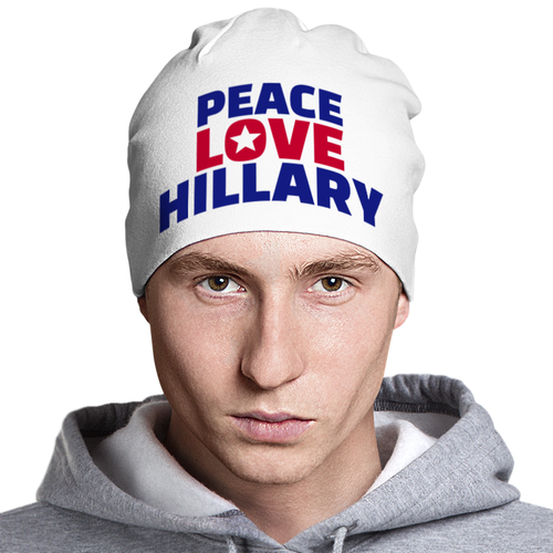 Заказать головной убор в Москве. Шапка классическая унисекс Peace Love Hillary от skynatural - готовые дизайны и нанесение принтов.
