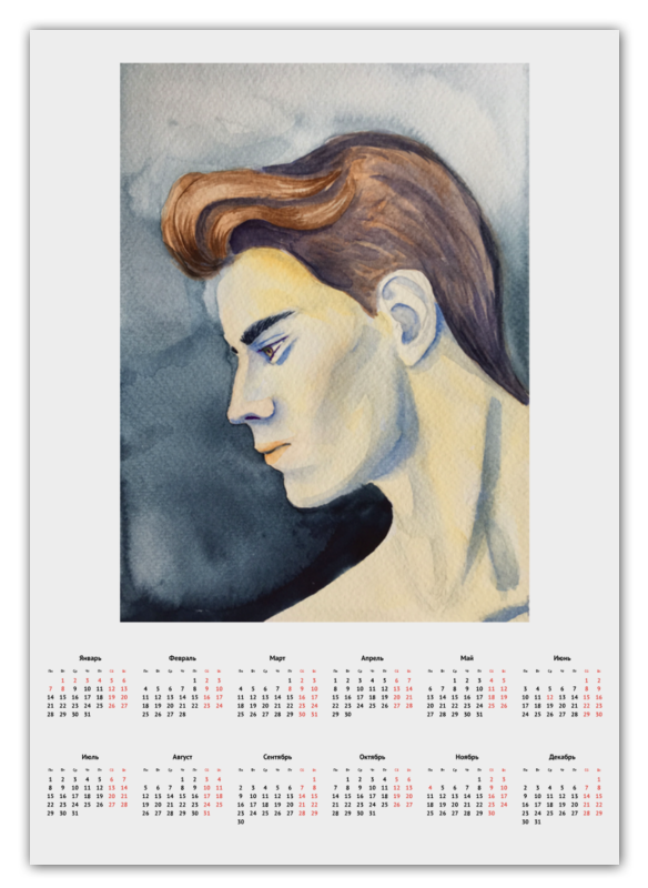 Printio Календарь А2 Красивый парень уайт мэри портрет и фигура акварелью