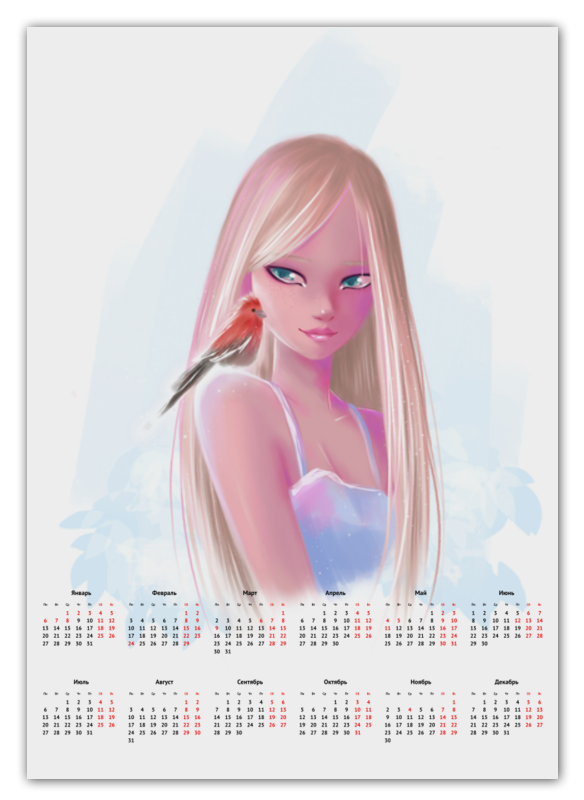 Printio Календарь А2 Девушка с птицей printio календарь а2 девушка с цветами